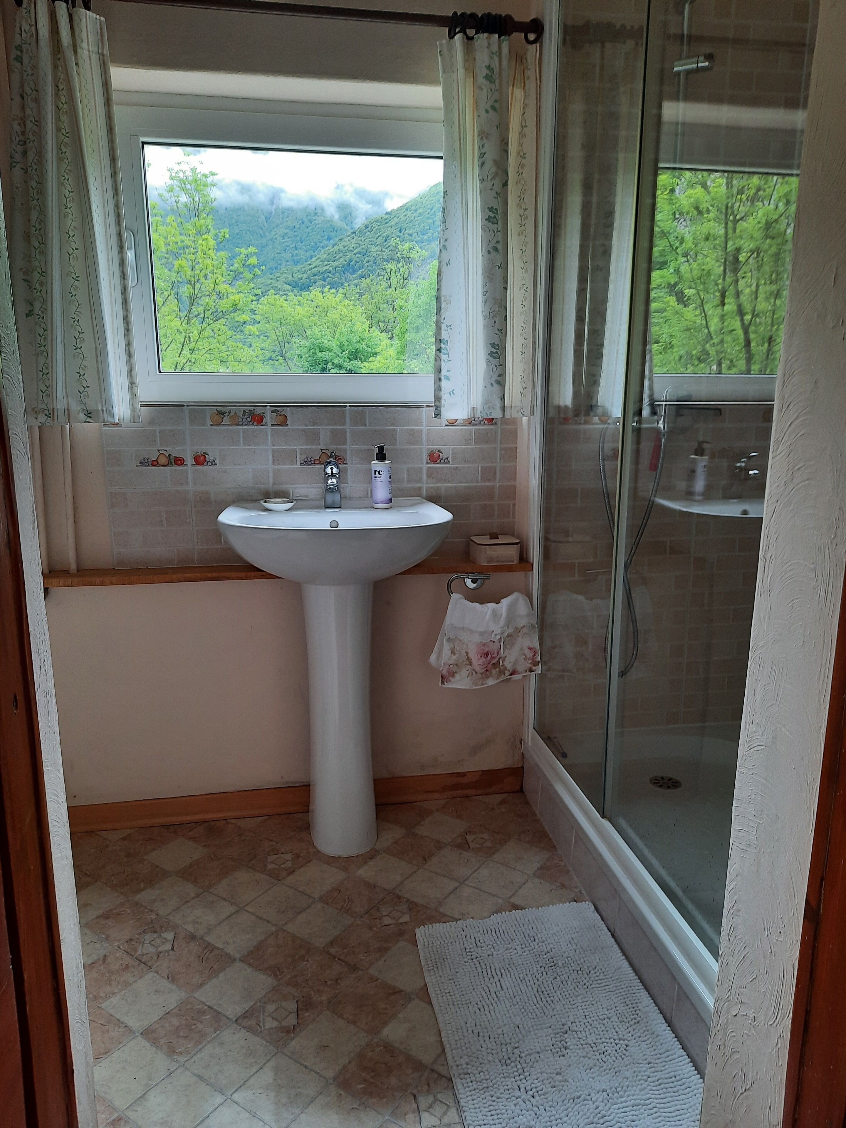 Douche, serviettes fournies, savon, papier toilette