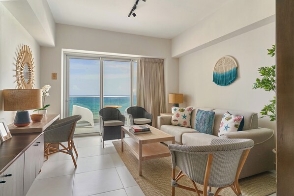 Junior Apartment, 1 Queen Bed with Sofa bed, Ocean View, Beachside | Living area | 43-inch Smart TV with digital channels, Netflix, streaming services