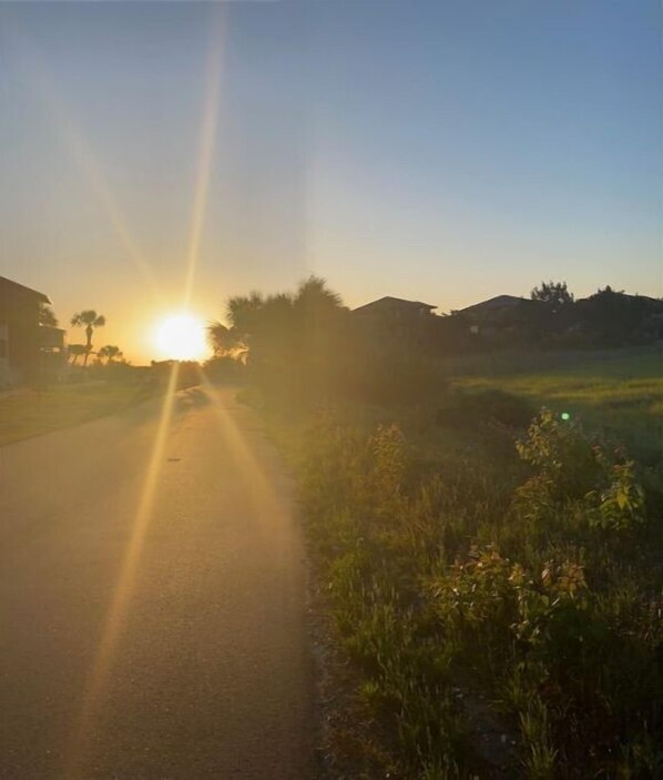 Une route de campagne avec un coucher de soleil en arrière-plan.