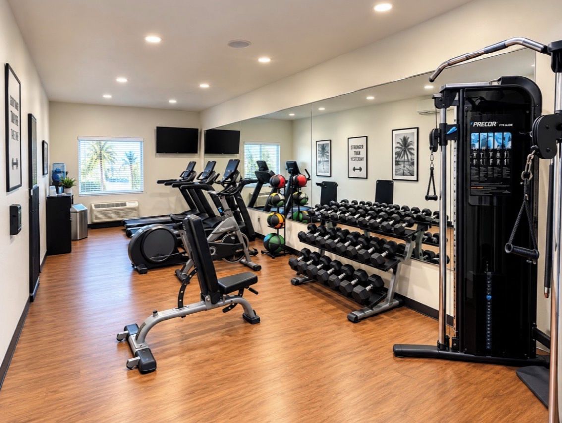A gym with treadmills, weight machines, and a squat rack.