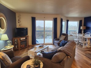 TV, fireplace, DVD player, books