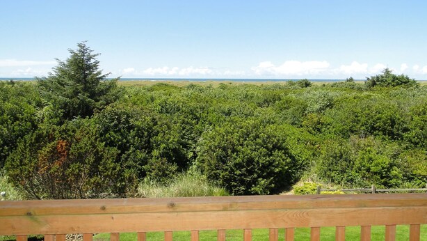A wooden deck overlooking a dense forest with a clear sky. - Nautilus # 202 - Ocean Front Condos (Ocean Shores)