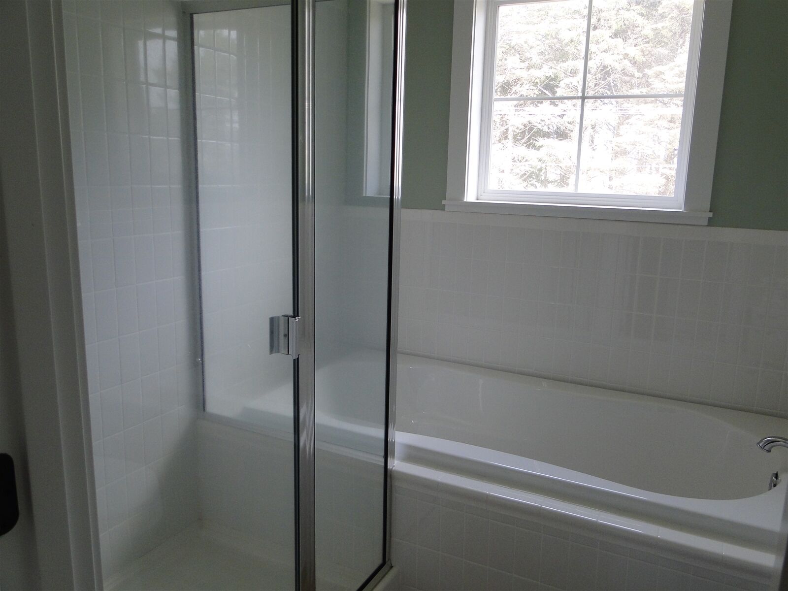 Un baño con ducha envuelta en vidrio, bañera y ventana con vista a árboles.