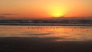 A beach scene with a sunset over the ocean, birds on the sand, and a distant mountain range. - Beachcombers Cabin - Ocean Front with Hot Tub (Moclips)