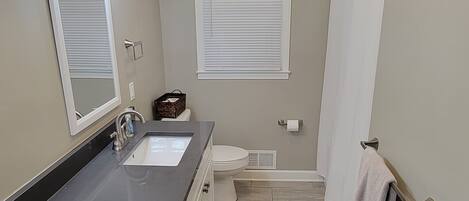 Hair dryer, towels, soap, shampoo