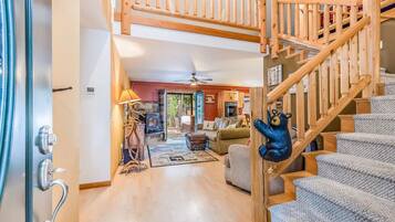 Smart TV, fireplace, DVD player, foosball