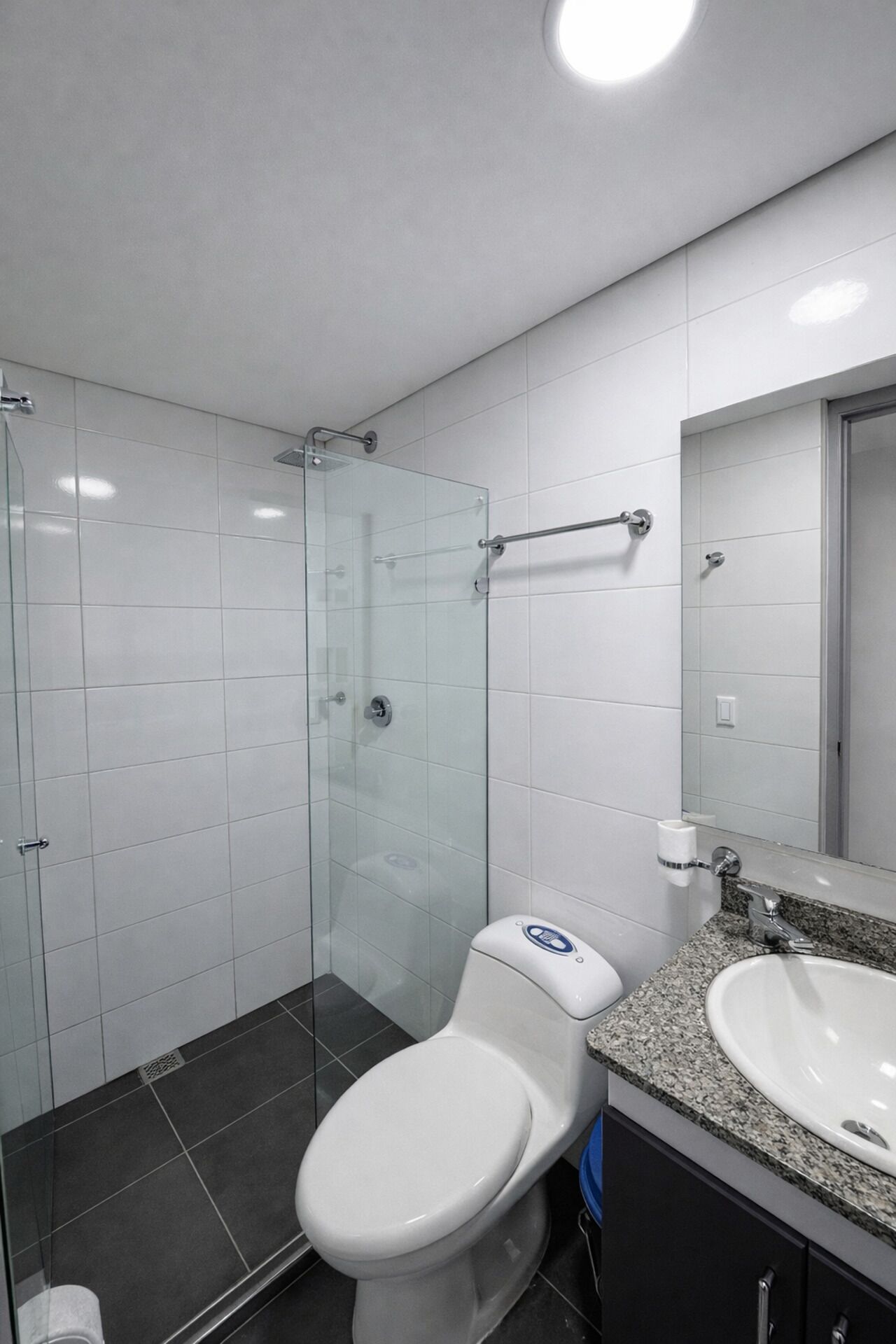 A modern bathroom with a glass shower enclosure, a white toilet, and a granite countertop sink.