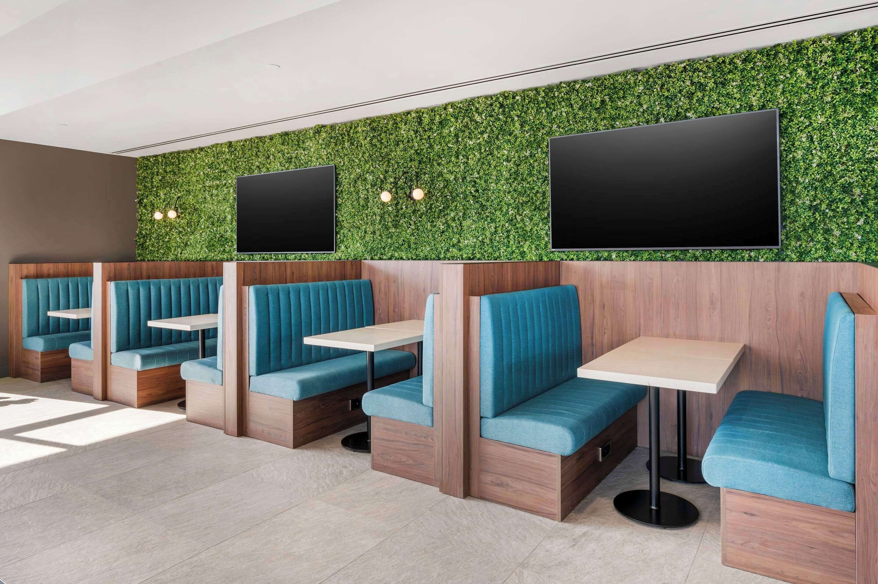 A modern restaurant with booth seating and a green wall.