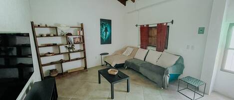 Un salon comprenant un canapé, une table basse, une bibliothèque et une fenêtre avec des rideaux.