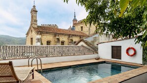 A rooftop pool with a view of a historic building with two towers.
