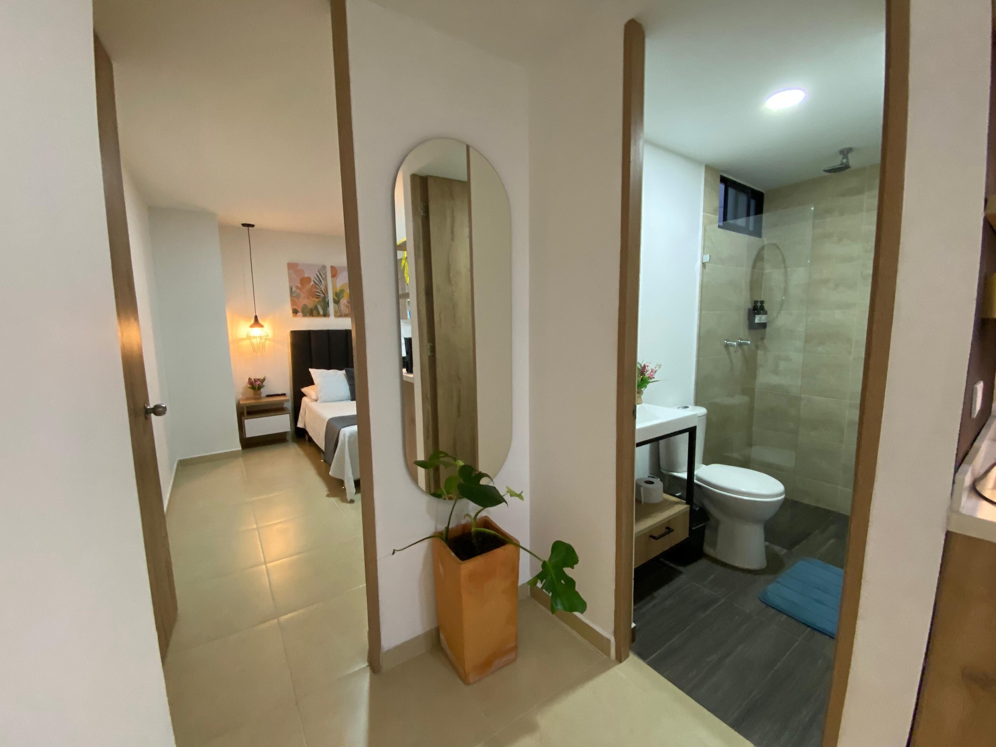 Hair dryer, towels, soap, shampoo