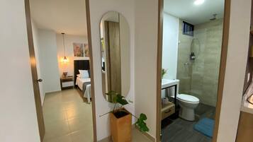 Hair dryer, towels, soap, shampoo