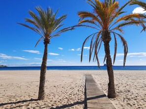 A wooden boardwalk leading to a beach with two palm trees. - CALA ALTA sunrise apartments (Benidorm)