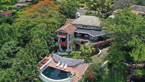 A large house with a swimming pool, surrounded by lush greenery and palm trees. - Romantic and cozy apartment in tropical villa w/ mountain and flowers view.  (Altos del Maria)