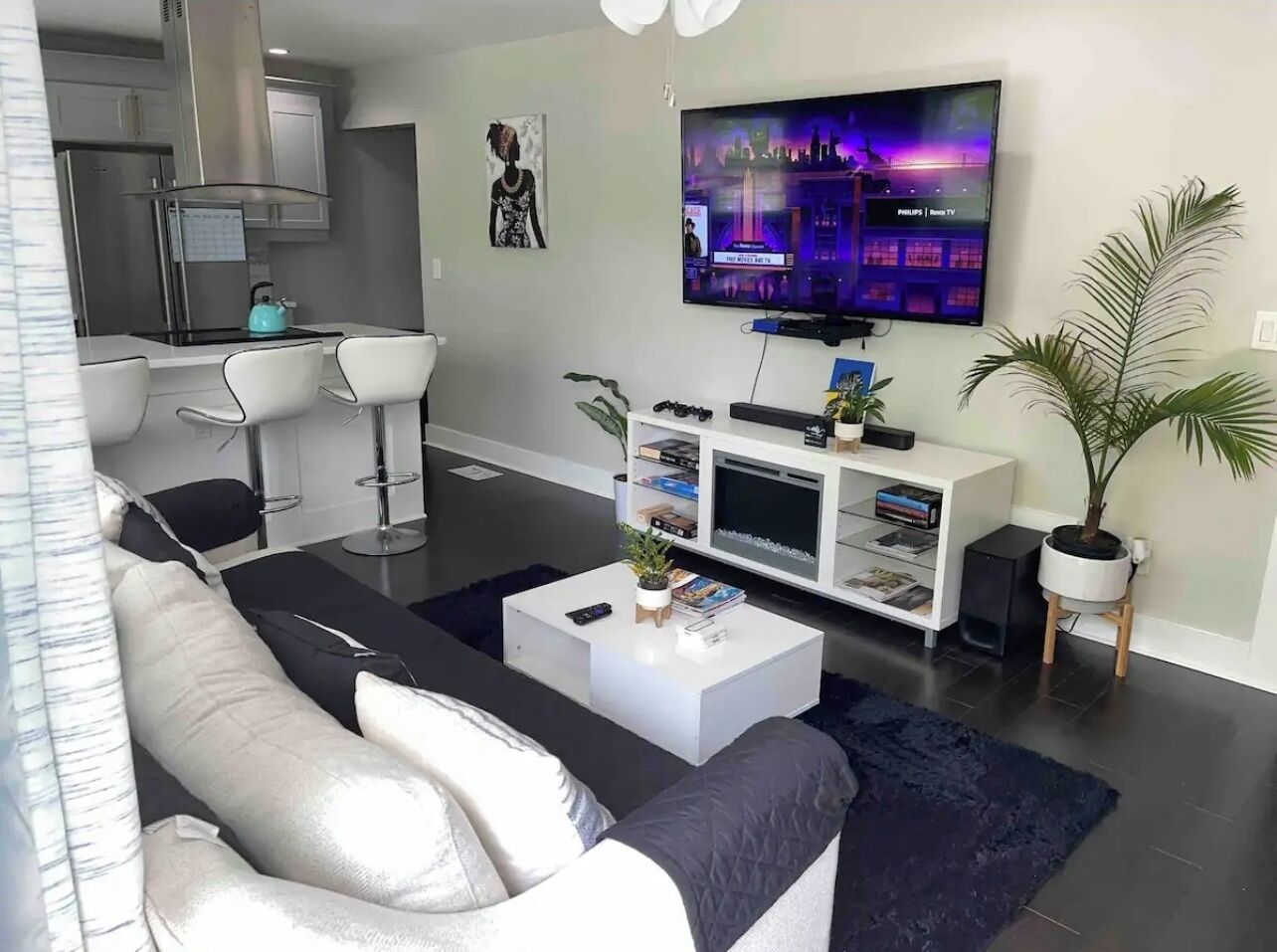 Smart TV, fireplace, video games, books