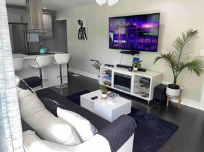 Smart TV, fireplace, video games, books