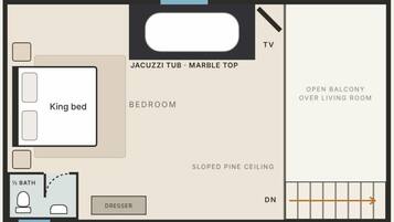 A bedroom with a king bed, a TV, a jacuzzi tub with a marble top, and an open balcony over the living room.
