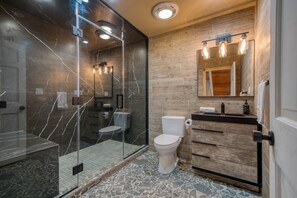 Hair dryer, towels, soap, shampoo