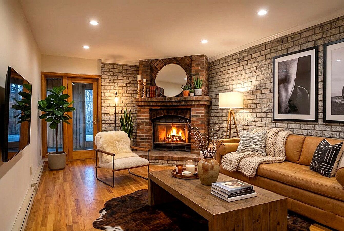 A cozy living room with a fireplace, a sofa, a coffee table, and a chair.