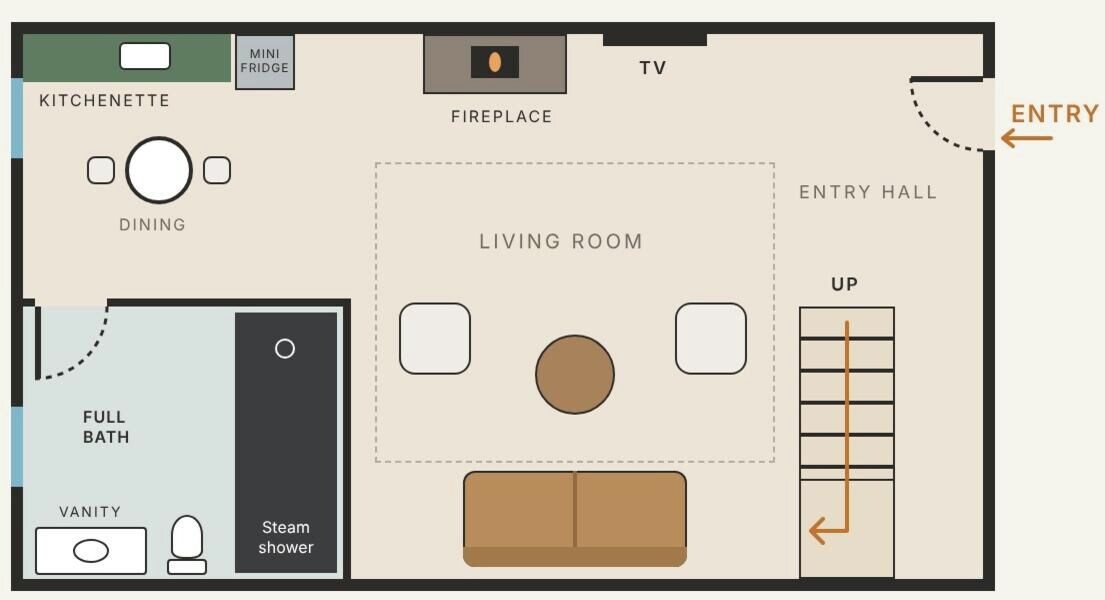 A hotel room layout with a kitchenette, dining area, full bathroom, vanity, steam shower, living room, fireplace, TV, entry hall, and an entryway.