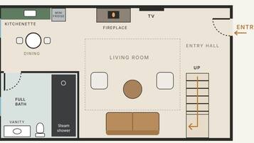A hotel room layout with a kitchenette, dining area, full bathroom, vanity, steam shower, living room, fireplace, TV, entry hall, and an entryway.