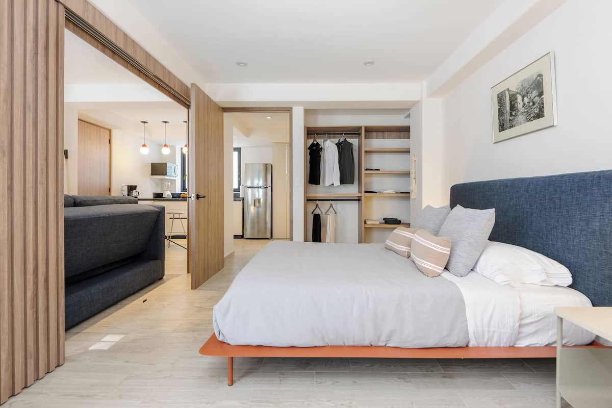 Een moderne slaapkamer met een bed, een bank, een kledingkast en een kitchenette.