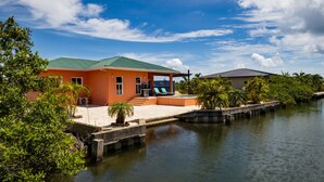 A house with a green roof, a pool, and a dock extending into a body of water. - Modern Home with Private Plunge Pool in Placencia (Placencia)