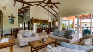 A spacious living area with two sofas, a coffee table, and a dining table. A kitchen is visible in the background. - Modern Home with Private Plunge Pool in Placencia (Placencia)