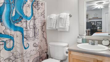 Hair dryer, towels, soap, toilet paper