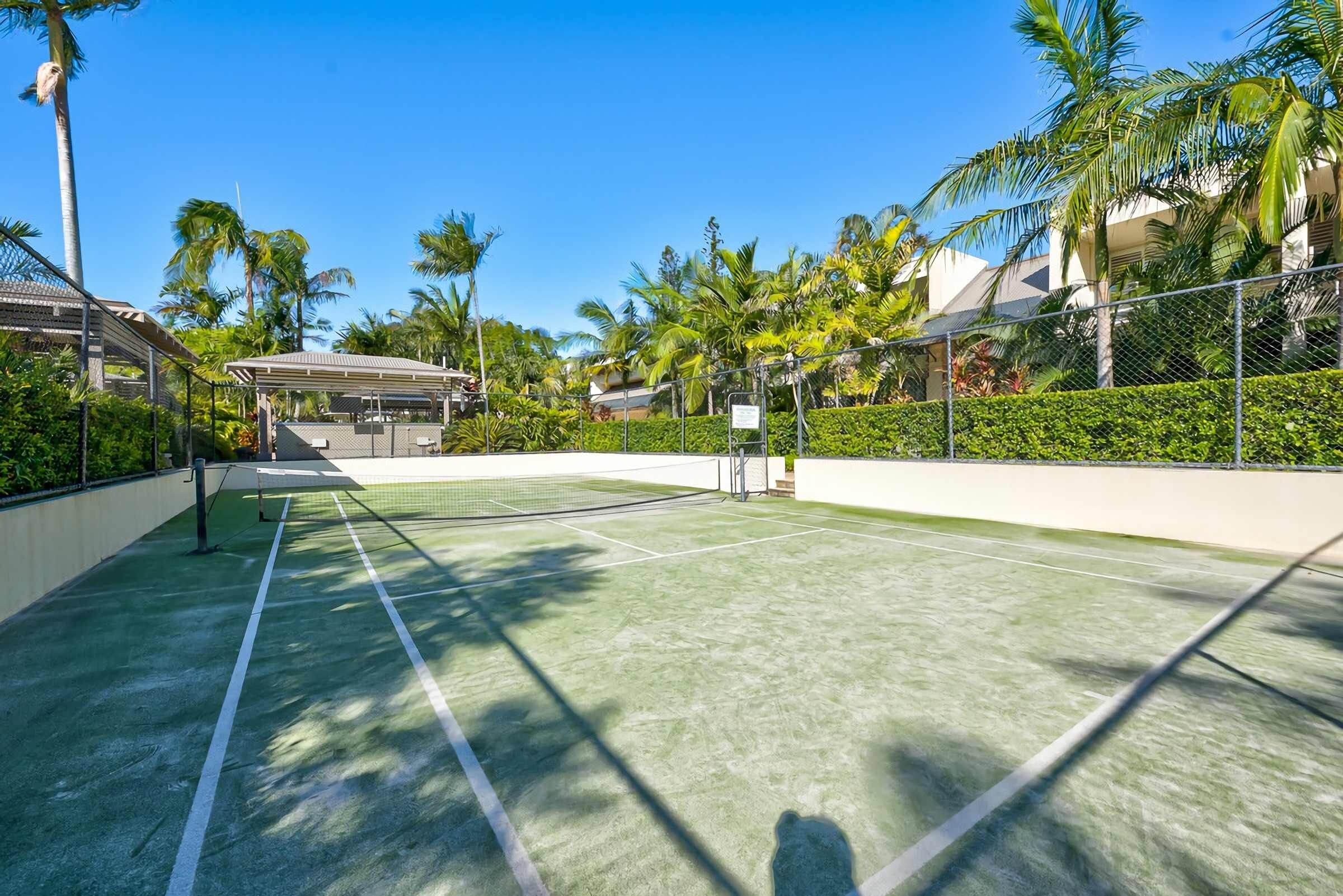 A tennis court with a net, surrounded by palm trees and a building.