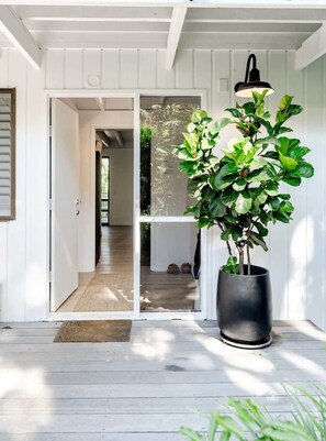 A white wooden exterior with a large potted plant and a door leading to a covered porch.