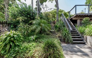 A wooden staircase leading up to a deck surrounded by lush greenery and trees. - The Rest Family Cottage with Resort Style Pool (Noosa)