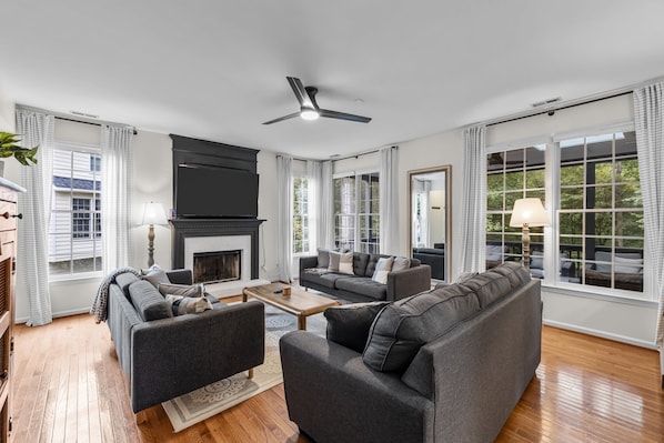 Smart TV, fireplace, books, offices