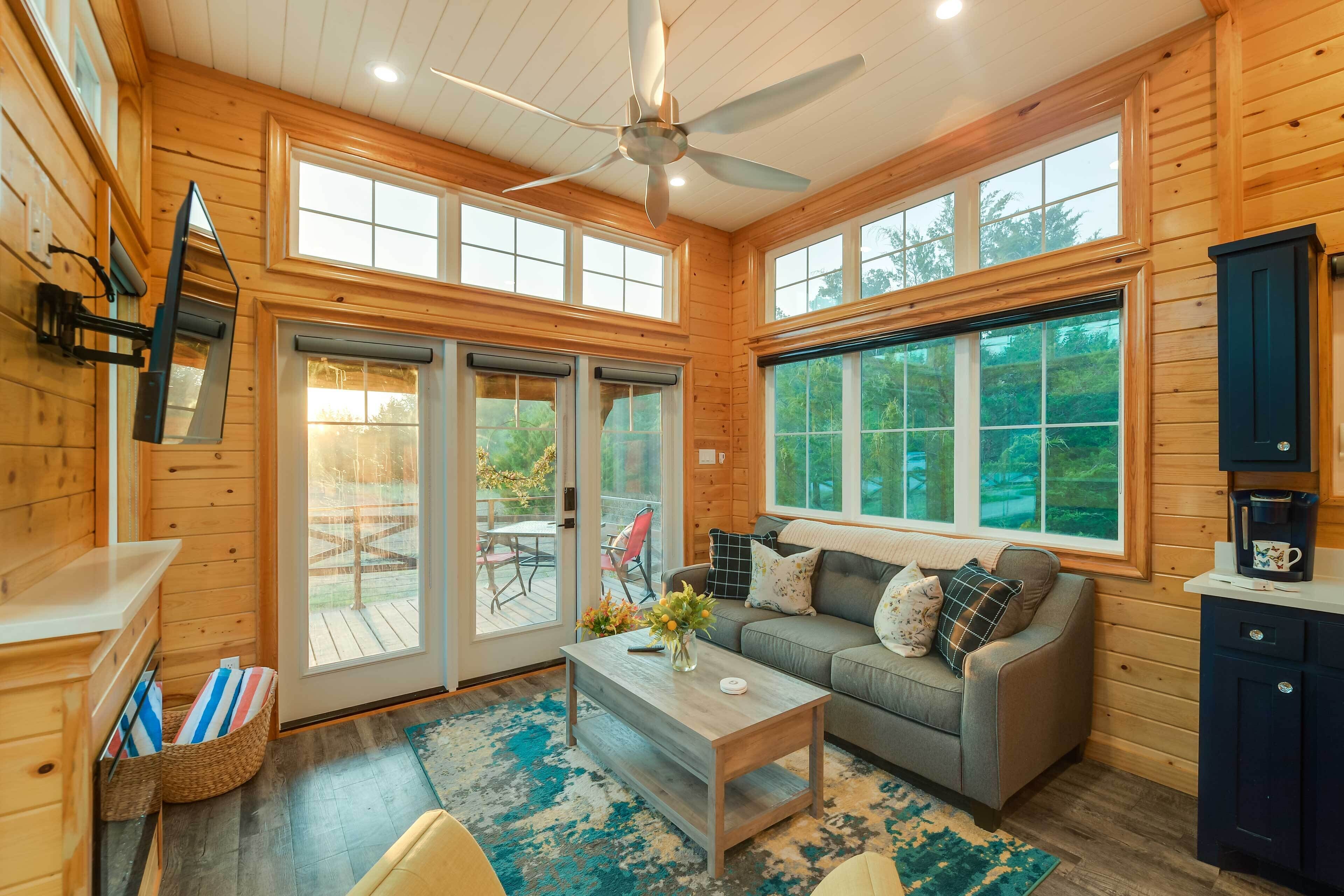 TV, fireplace, books