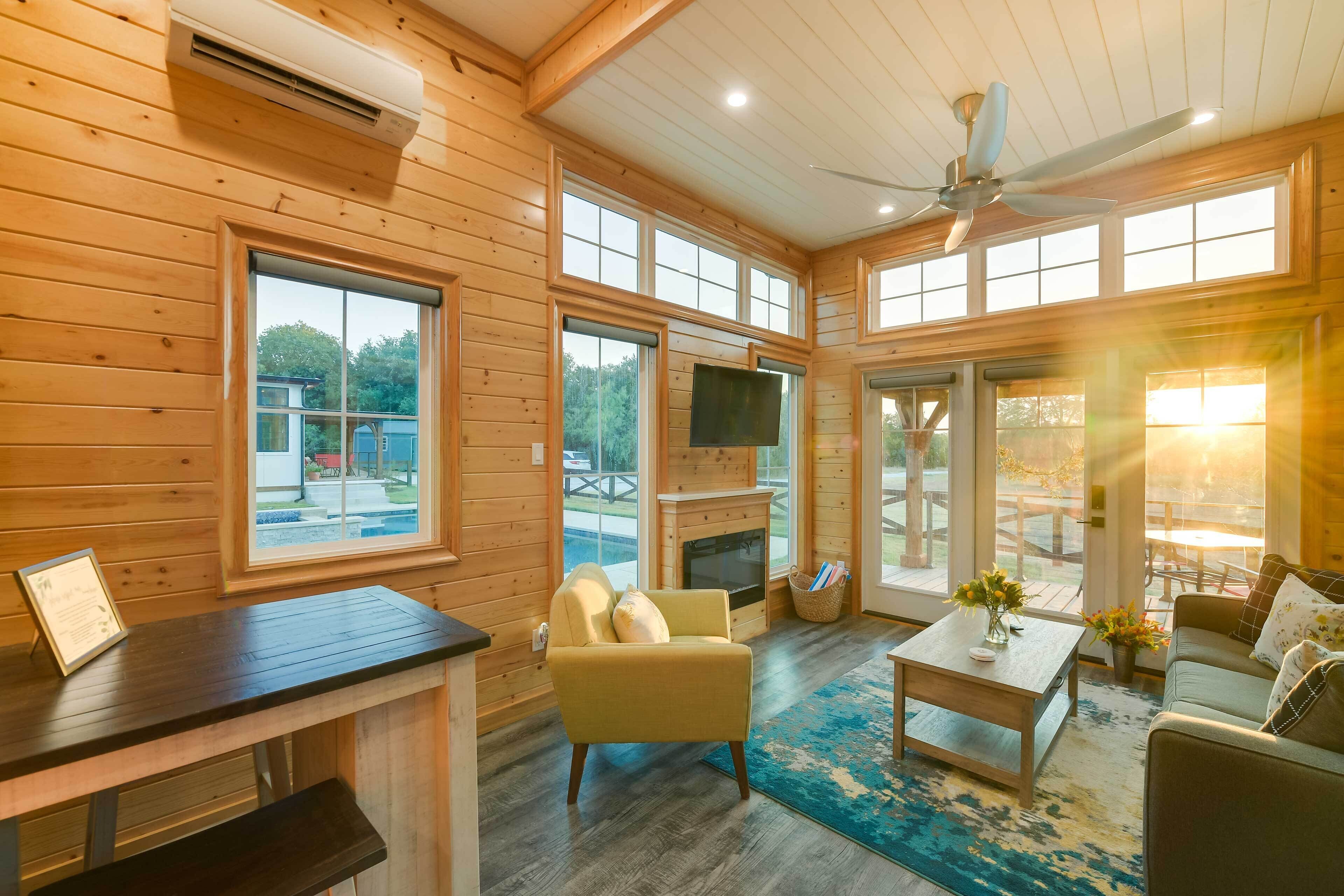 TV, fireplace, books