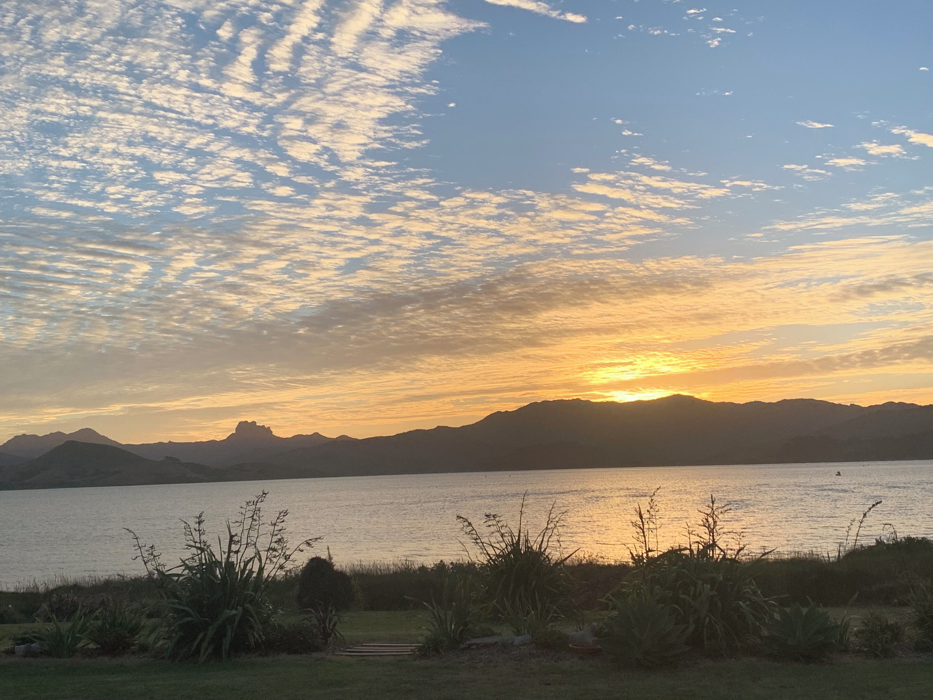 Ein Sonnenuntergang über einem See, im Hintergrund Berge und im Vordergrund eine Wiese.
