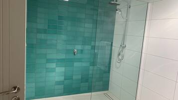 Shower, rainfall showerhead, hair dryer, bathrobes