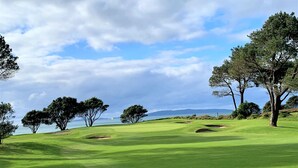 Campo de golf con una bandera, árboles y vista al mar.