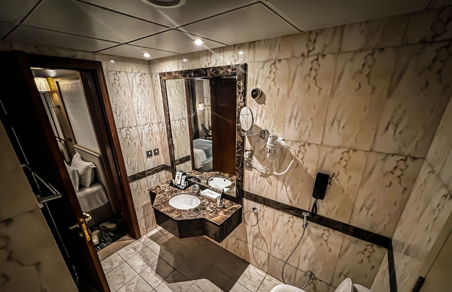 Separate tub and shower, hair dryer, towels, soap