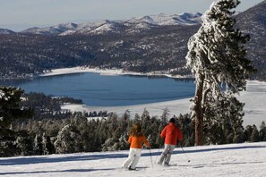 Un paisaje nevado con un lago, montañas y un solo árbol alto.