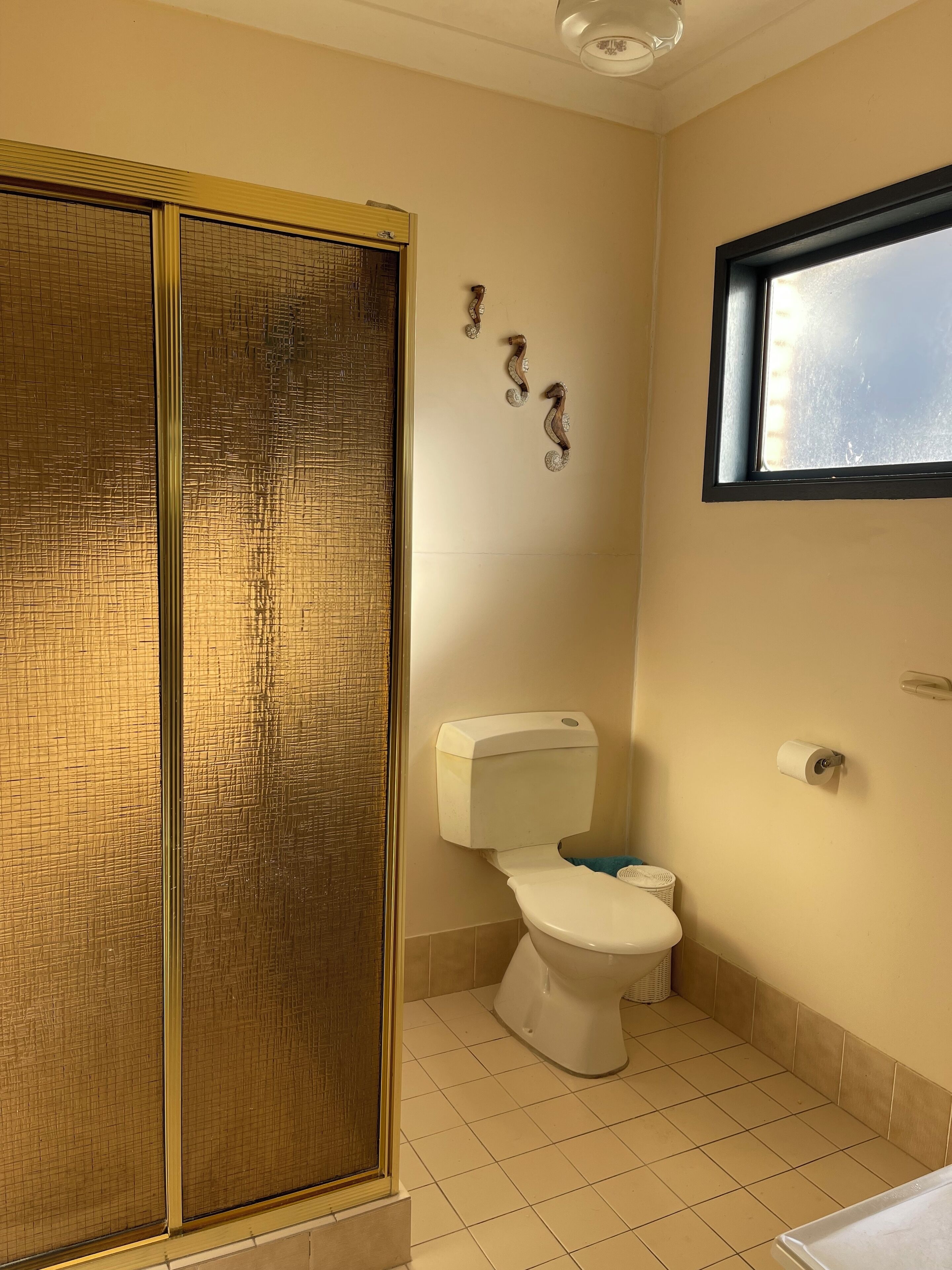 Ein Badezimmer mit Toilette, Duschkabine und Fenster.