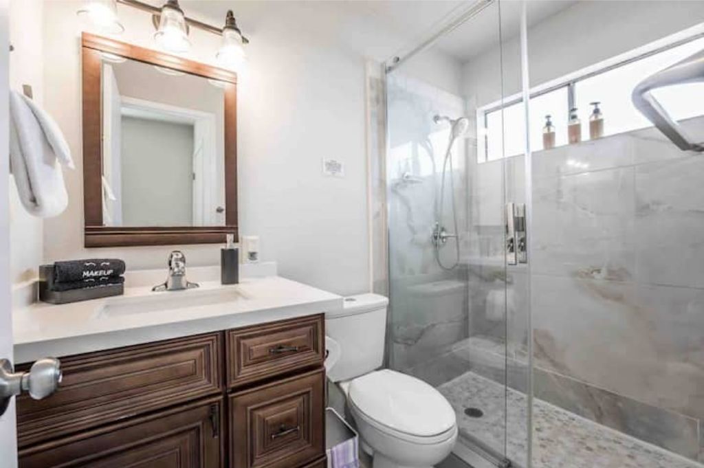 Hair dryer, towels, soap, shampoo