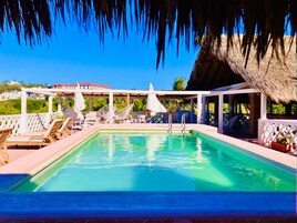 Outdoor pool, pool umbrellas, pool loungers
