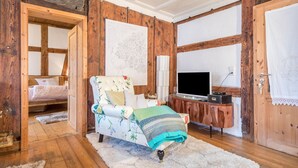 A room with a bed, a sofa, a TV, and a wooden wall. - Apartment 'Lemkamp Klein' with Wi-Fi (Markdorf)