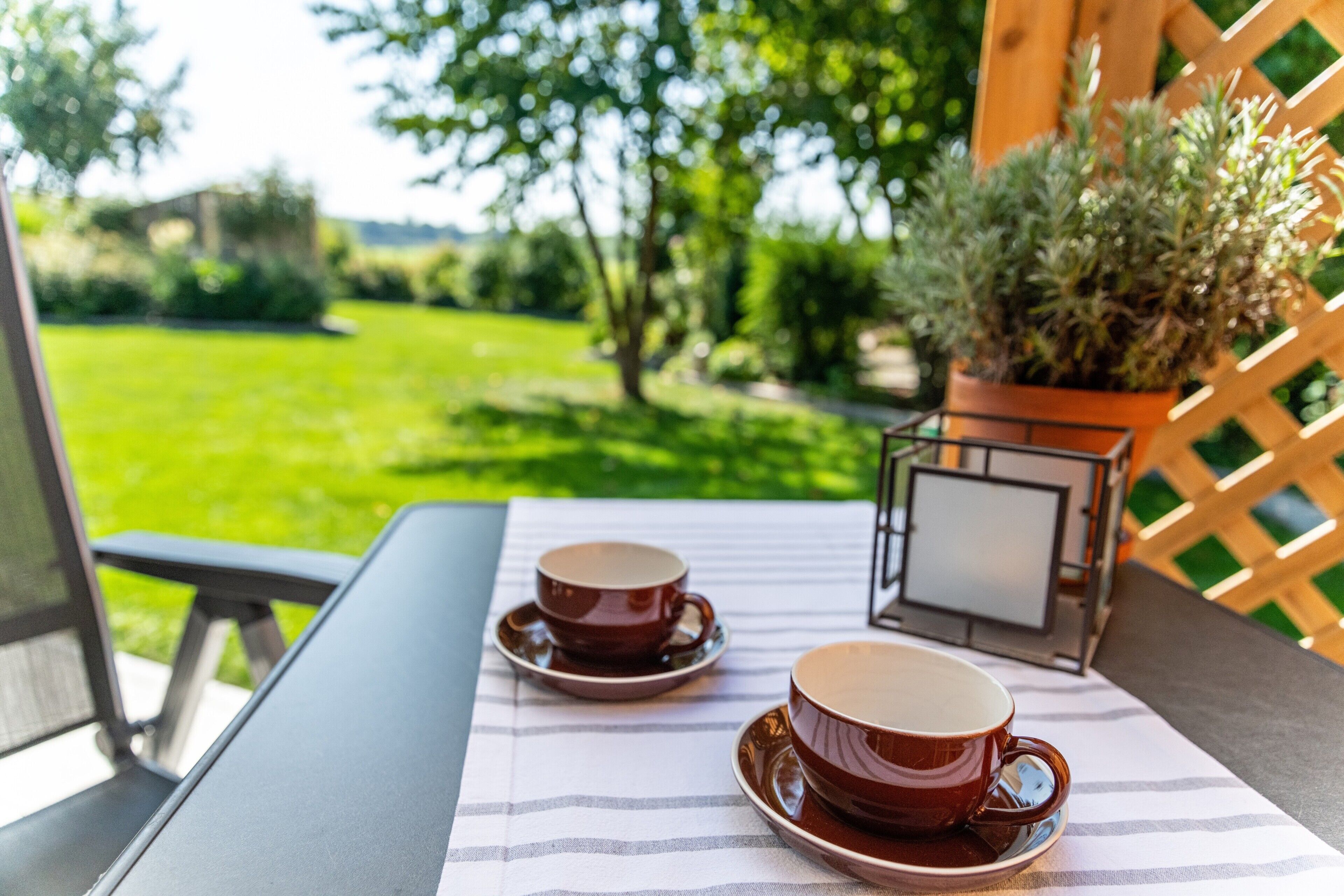A table with two cups and saucers, a potted plant, and a view of a green lawn.