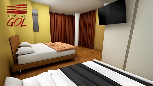 Una habitación de hotel moderna con una cama, un televisor y un logotipo en la pared.