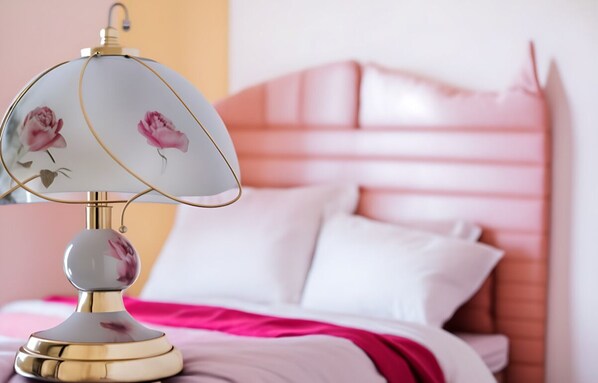 A bed with a pink headboard and white pillows, a bedside table with a lamp, and a pink blanket.