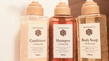 Hair dryer, towels, soap, shampoo