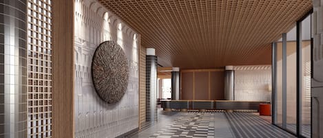 A modern interior with a checkered floor, a large wooden ceiling, and a unique wall sculpture.