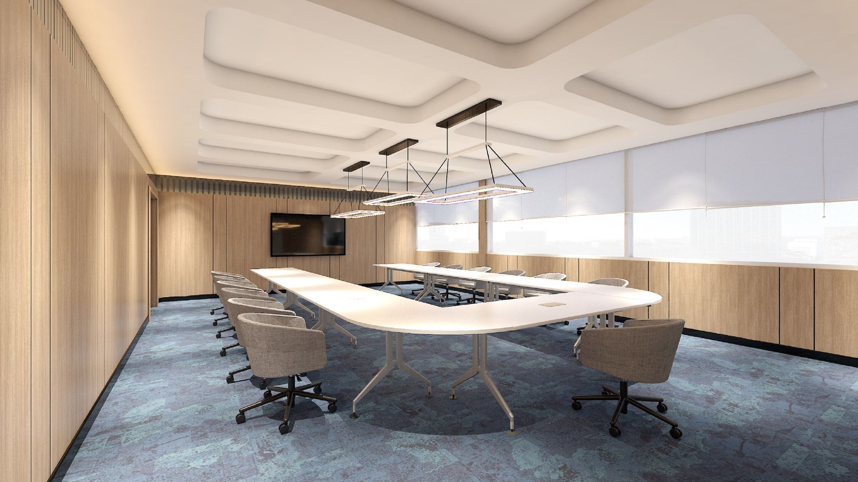 A modern conference room with a long table, multiple chairs, and a large window providing natural light.
